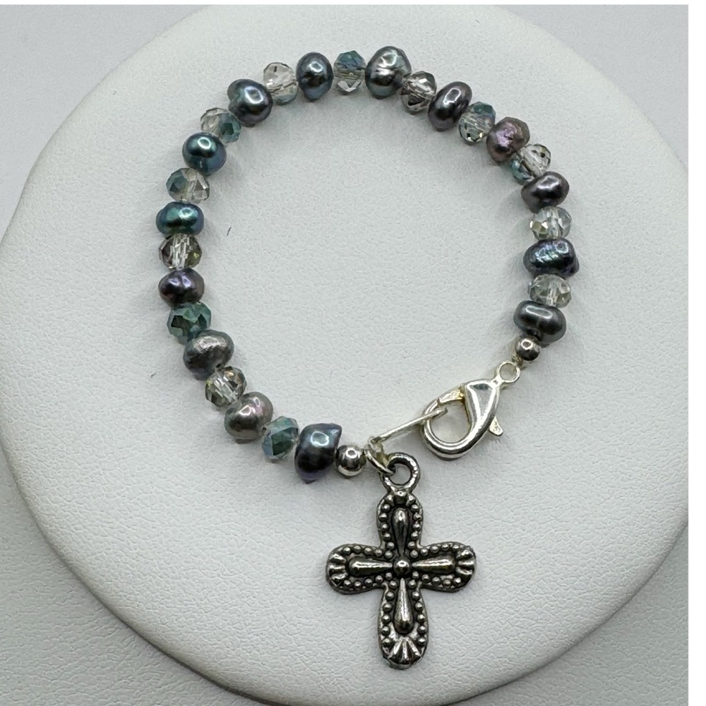 Genuine baroque pearl silver cross children’s bracelet iridescent faceted beads